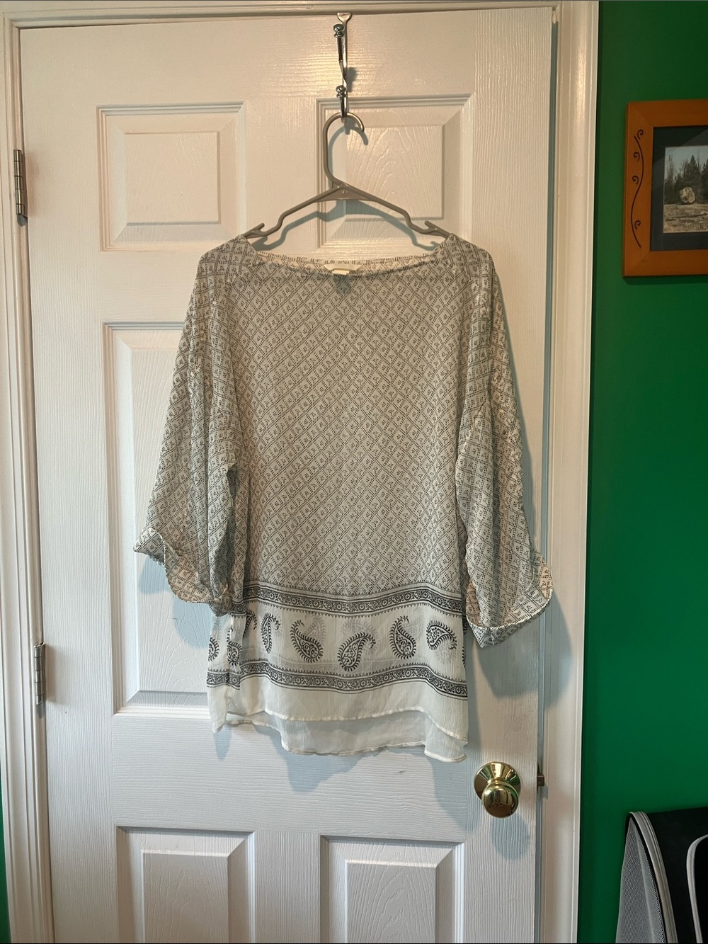 H&M Cream Paisley Border Peasant Blouse semi sheer long sleeve scarf top 8